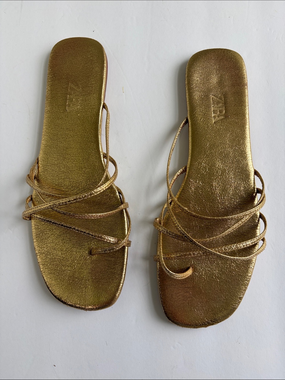 Zara Metallic Gold Strappy Thong Flat Sandals